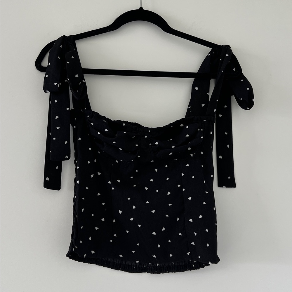 Black Top with White Heart Pattern And Shoulder Ties Size Small
